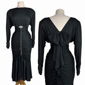 VTG 80s Claralura Originals Black Ruched Rhinestone Batwing Dress Slinky Medium
